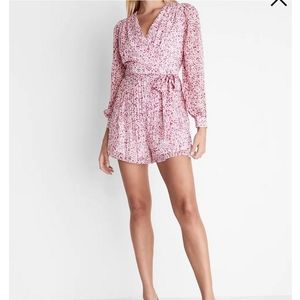 Express Abstract Print Long Sleeve Pleated Wrap Front Romper